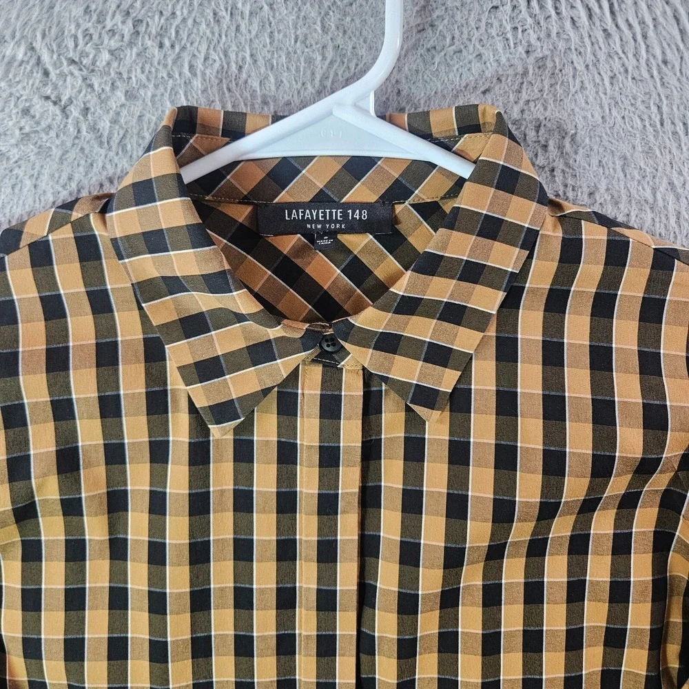 Lafayette 148 Shirt Women Small Hidden Button‎ Up Long Sleeve Brown Black Plaid - Picture 3 of 10